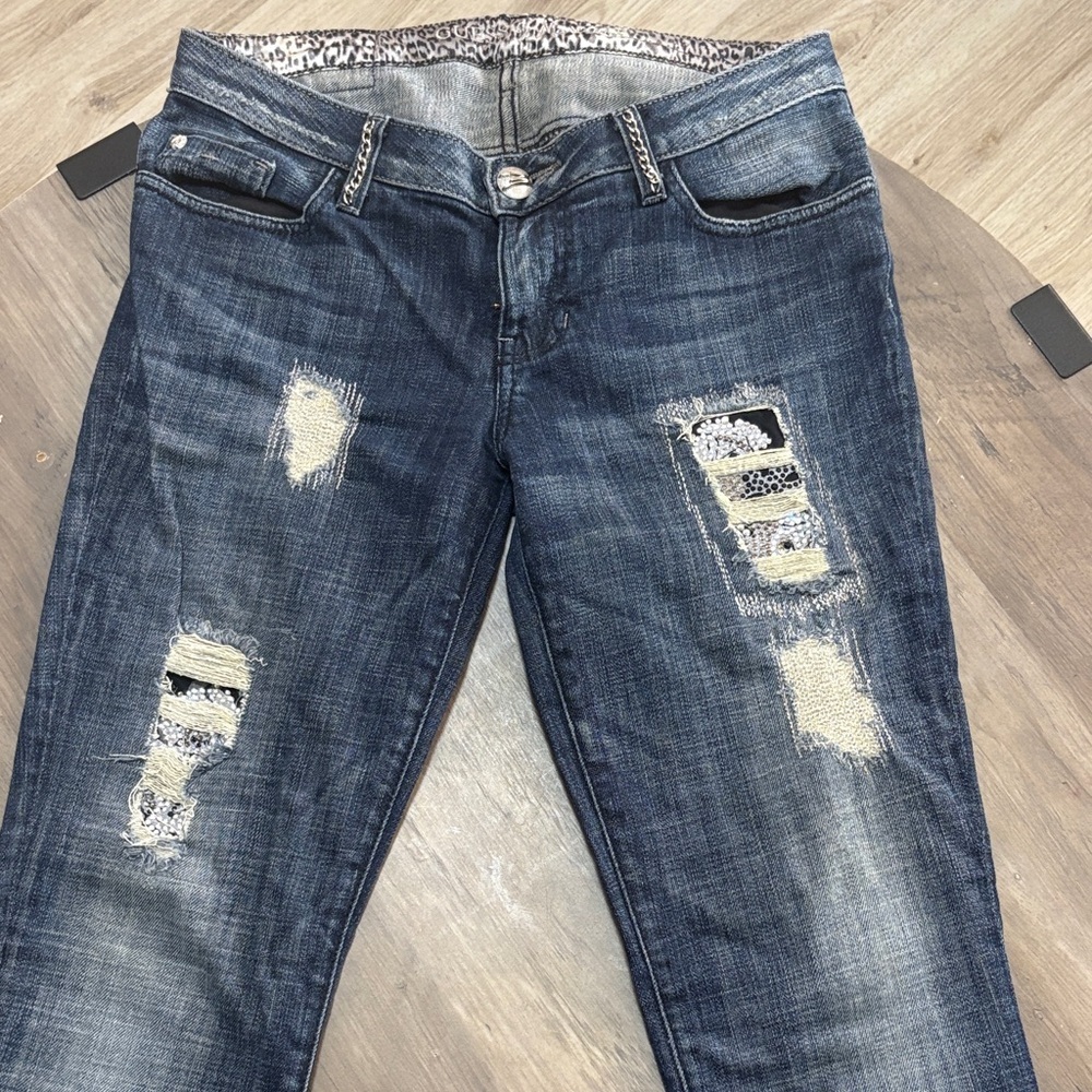 Marciano Women’s Distressed Dark Blue Jeans with Patch Accents